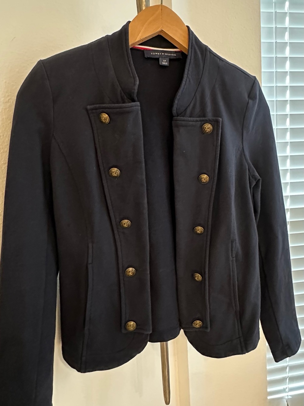 Tommy Hilfiger Black Military-Inspired Double-Breasted Blazer gold button, monog